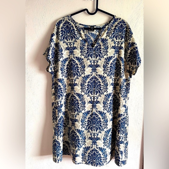 Emery Rose Blue Damask Print Split Neck Cap Sleeve Shealth Dress Women's Size XL - Picture 3 of 5